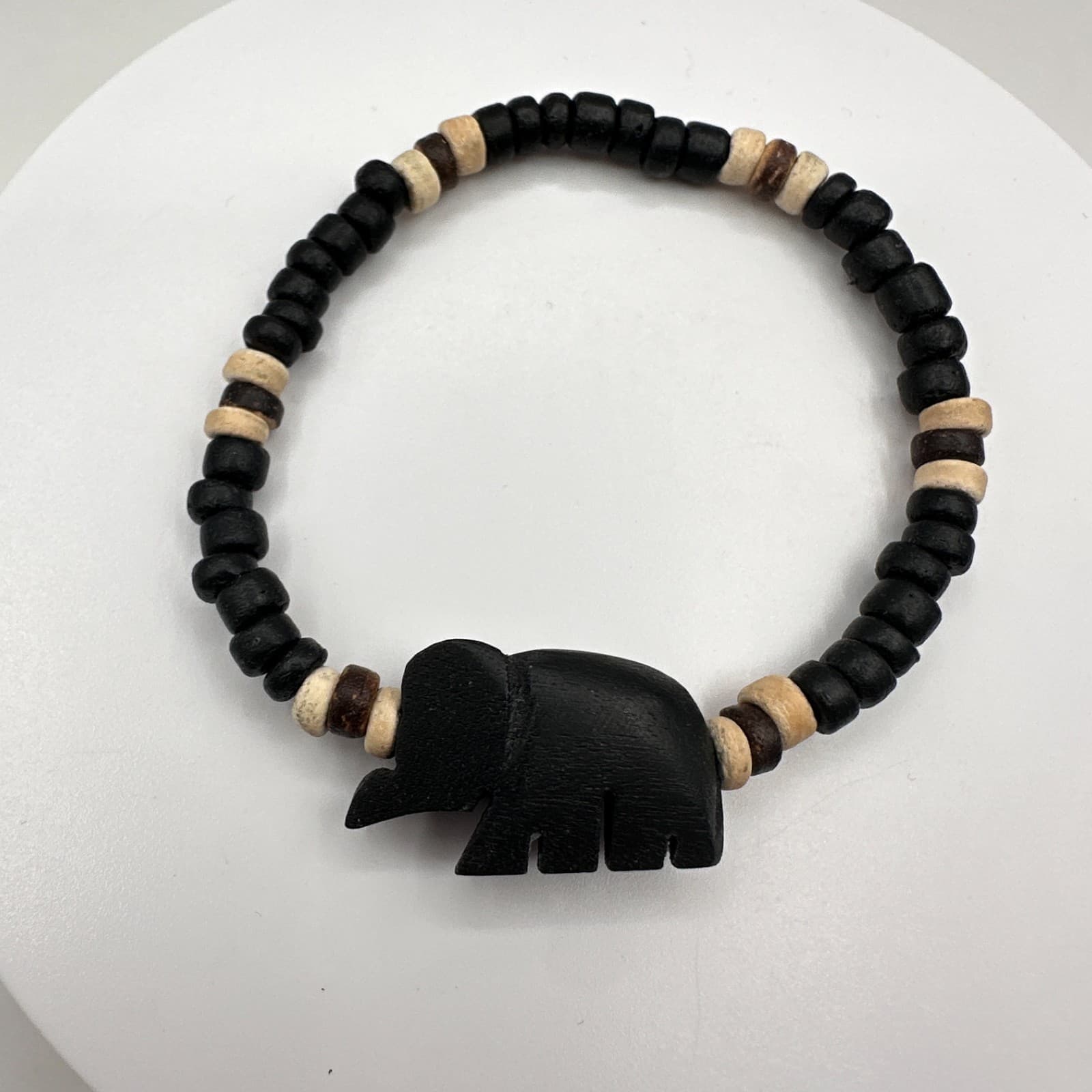 Vintage Y2K Wooden Elephant Charm Bracelet Beaded Boho Women's Classic Jewelry - Image 1