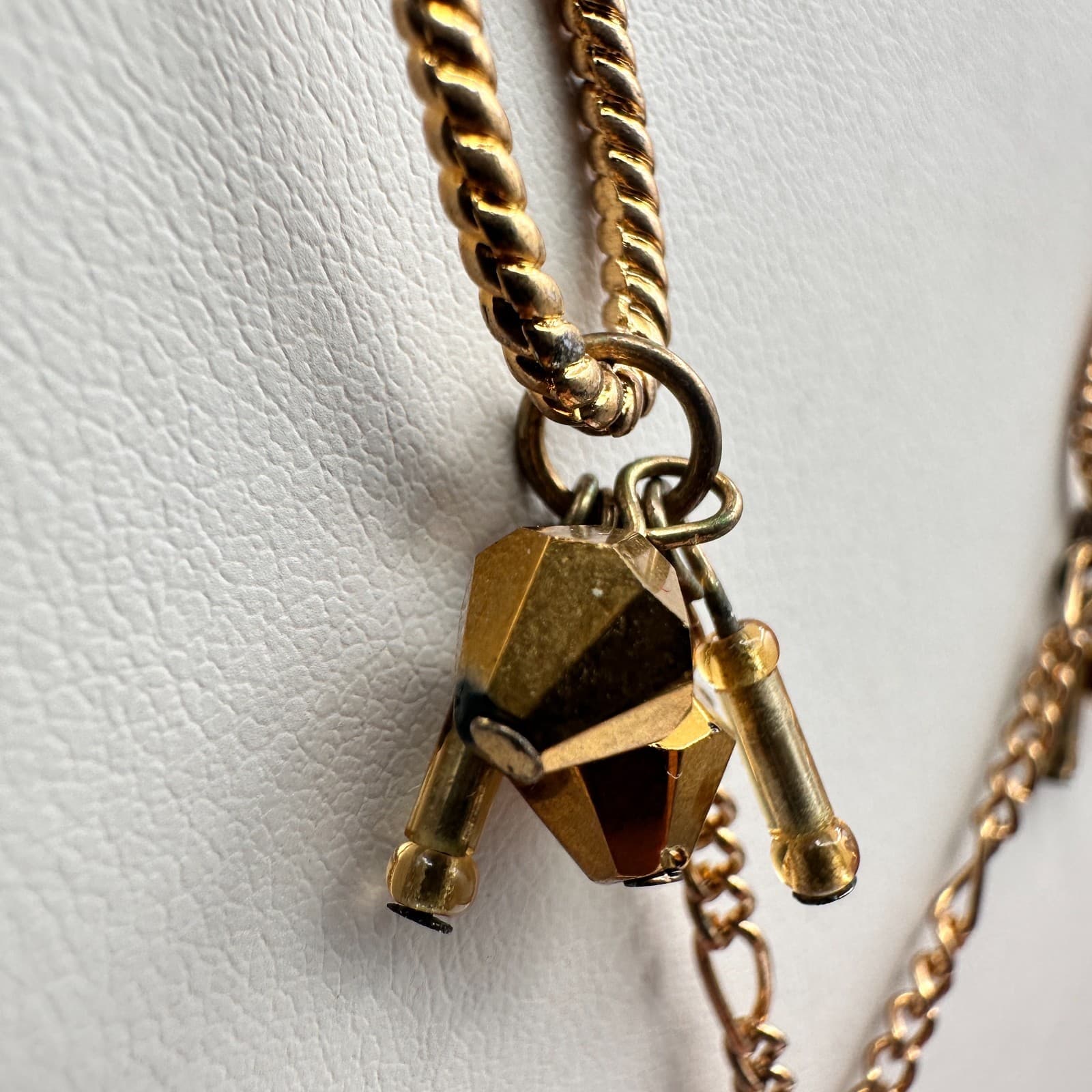 Vintage 90s Amber Citrine Glass Pendant Necklace Gold Tone Beaded Boho Statement - Thumbnail 7