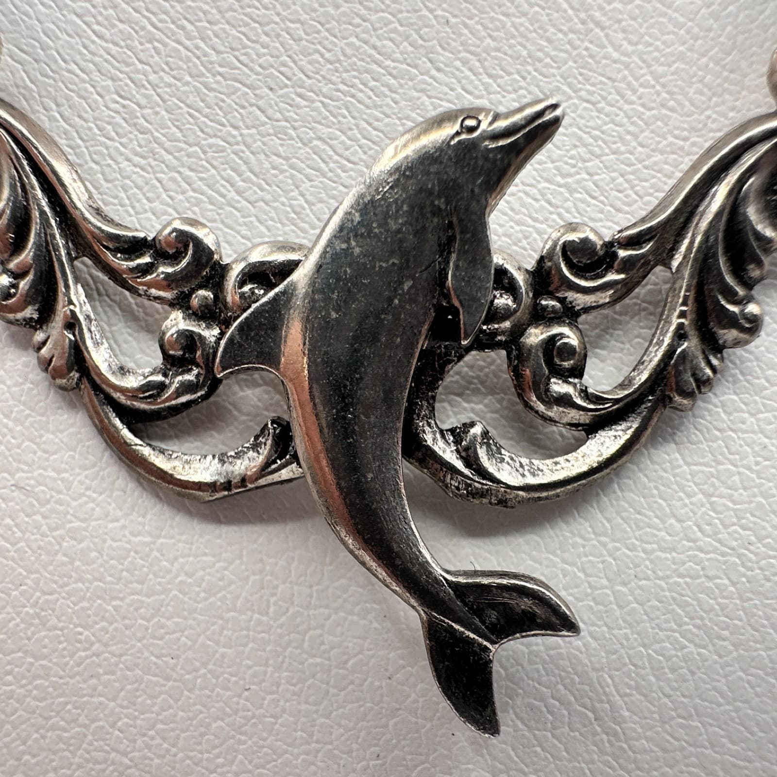 Vintage 90s Dolphin Pendant Necklace Silver Tone Blue Crystal Beaded Ocean Boho - Thumbnail 3