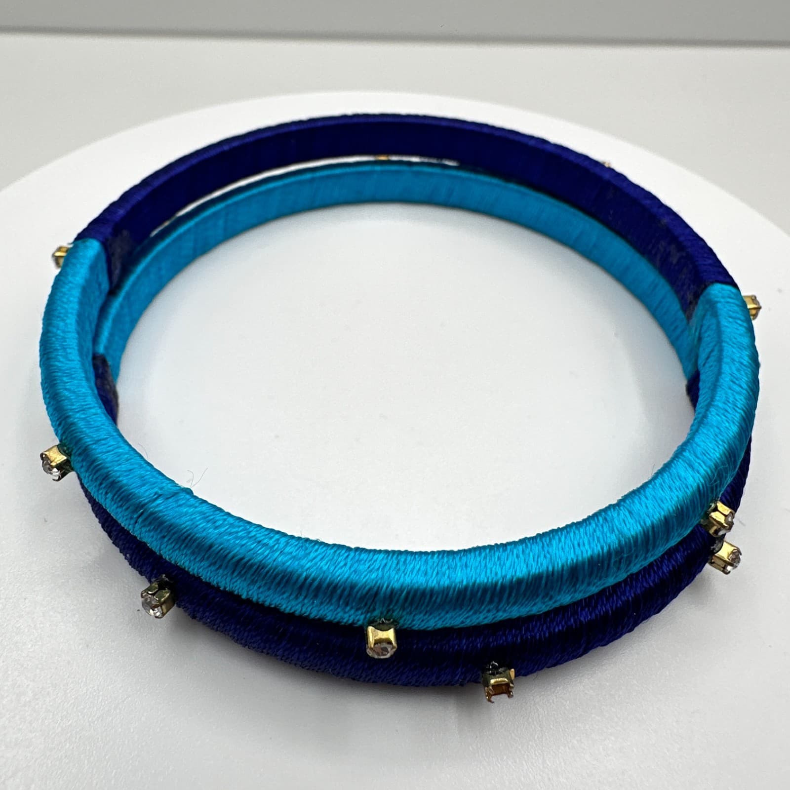 Vintage 90s Silk Thread Bracelets Set Blue Clear Rhinestone Women's Jewelry - Thumbnail 6