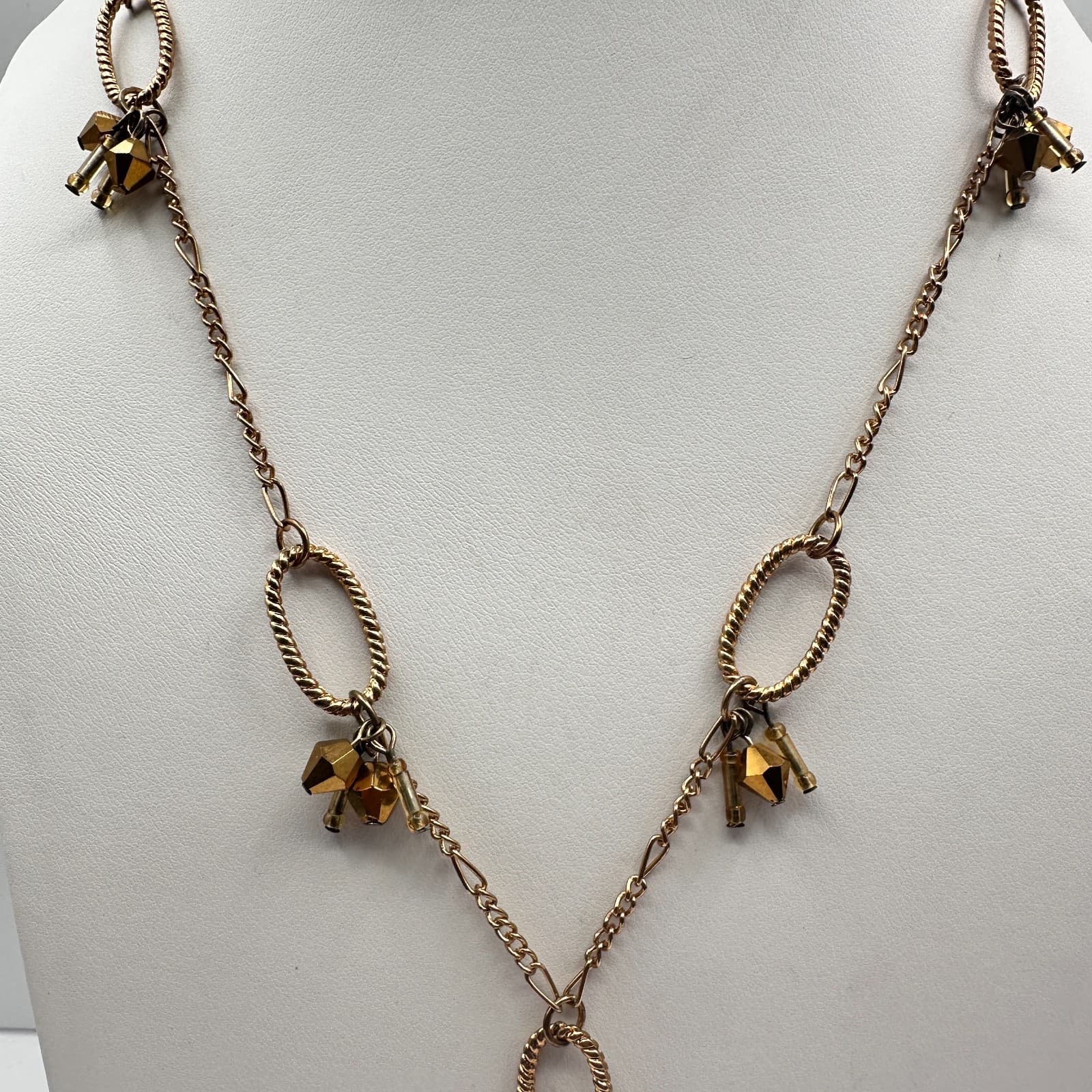 Vintage 90s Amber Citrine Glass Pendant Necklace Gold Tone Beaded Boho Statement - Thumbnail 2