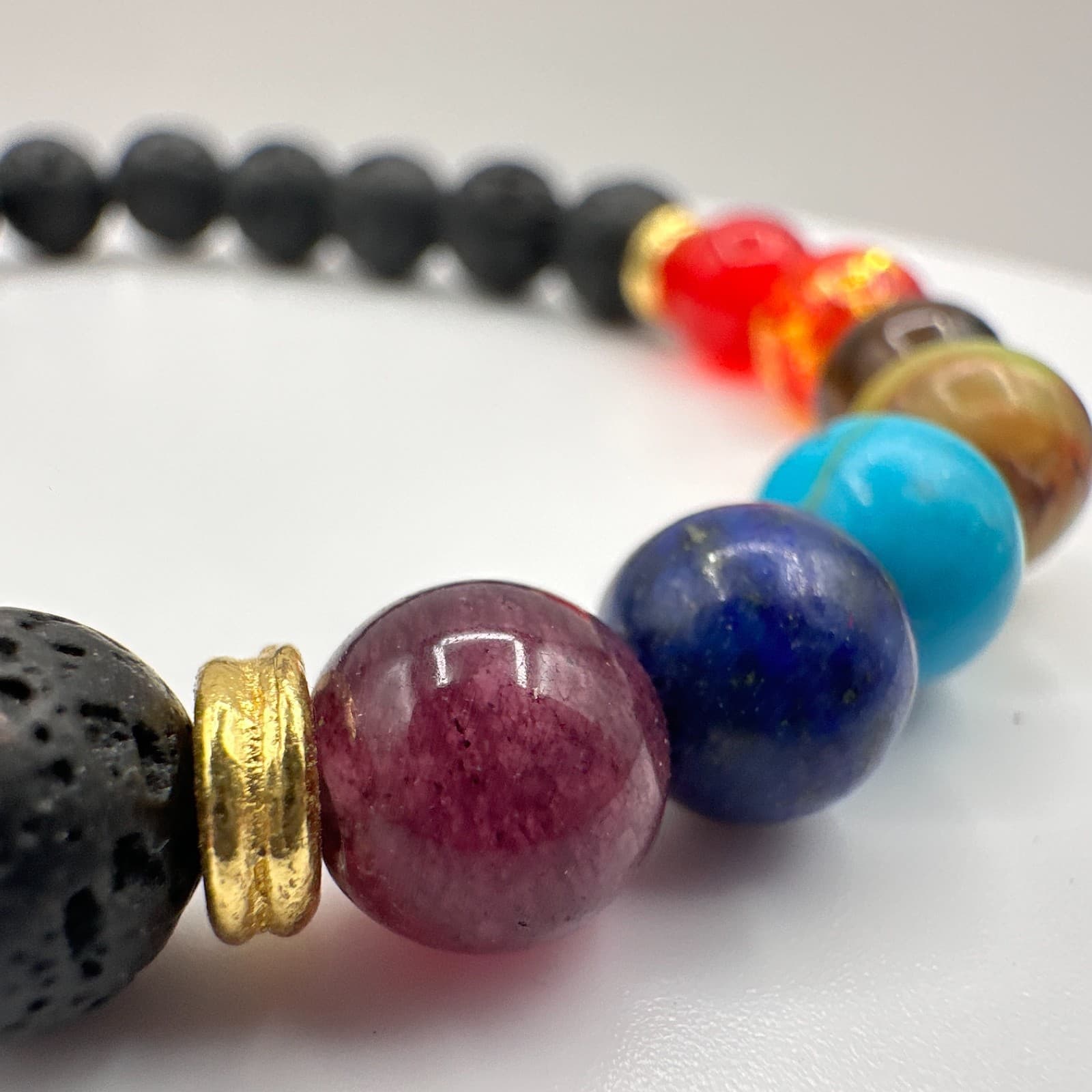 Vintage 90s 7 Chakra Healing Bracelet Lava Rock Stone Beads Women's Jewelry - Thumbnail 5