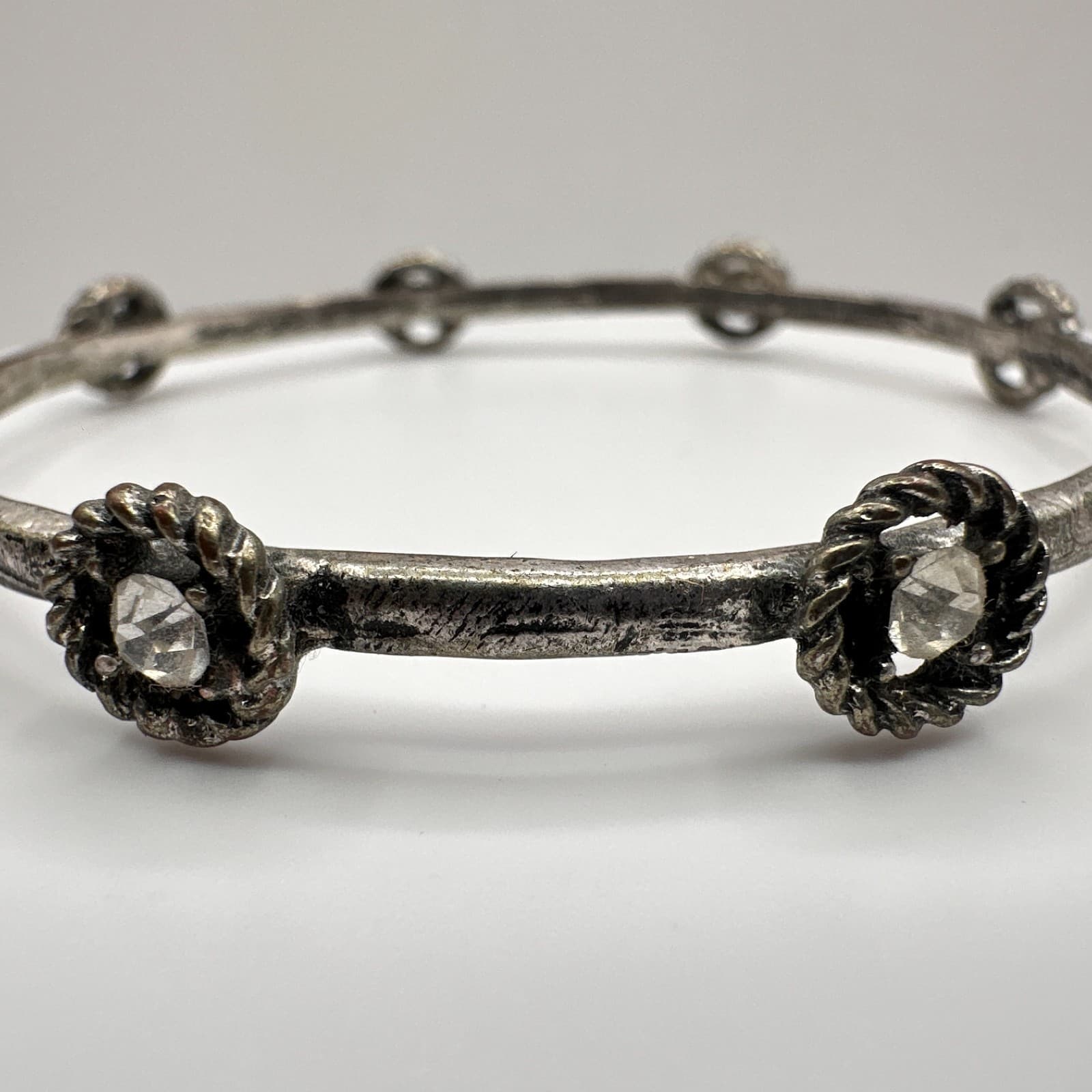 Vintage 90s Silver Tone Bracelet Floral Clear Rhinestone Boho Women's Jewelry - Thumbnail 5