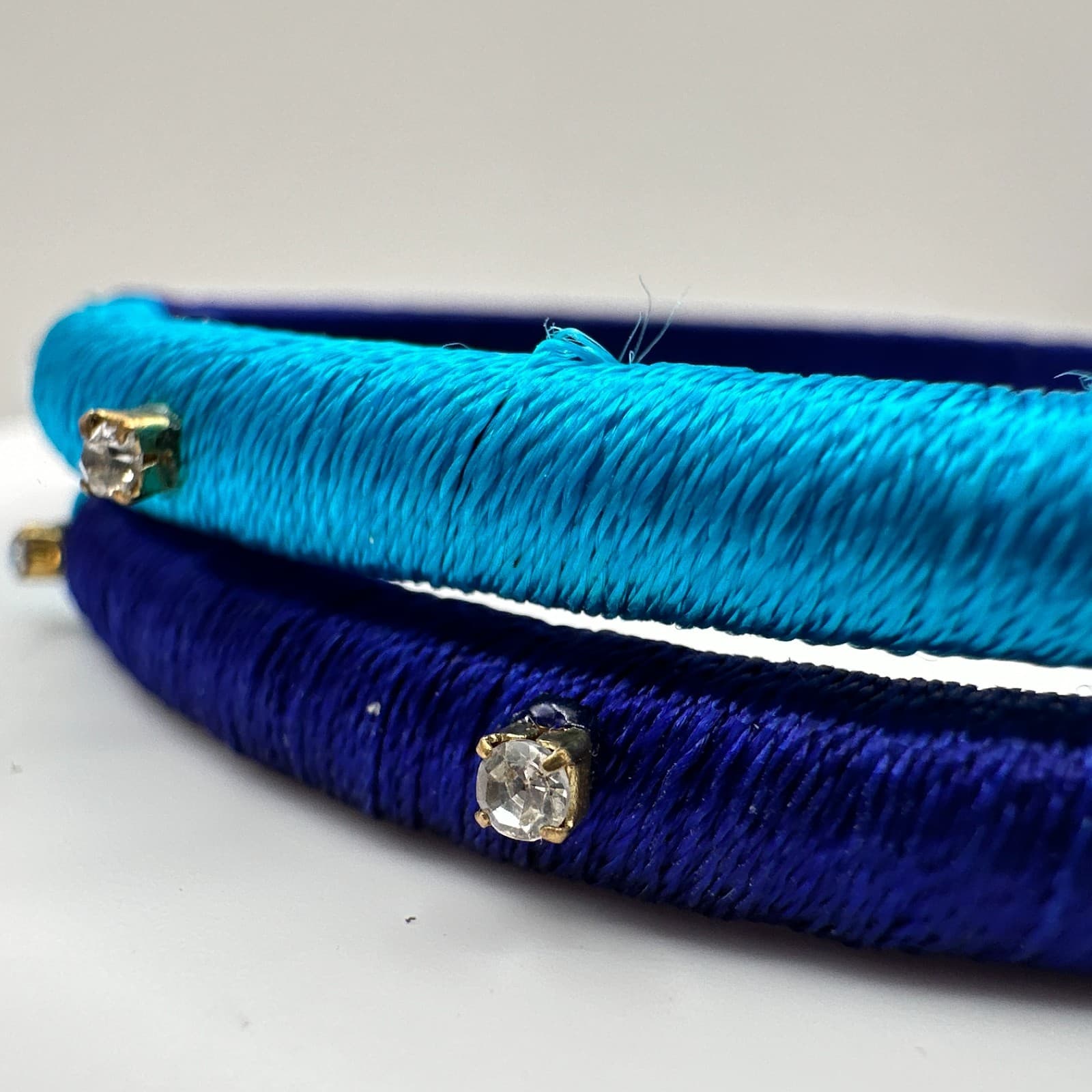 Vintage 90s Silk Thread Bracelets Set Blue Clear Rhinestone Women's Jewelry - Thumbnail 3