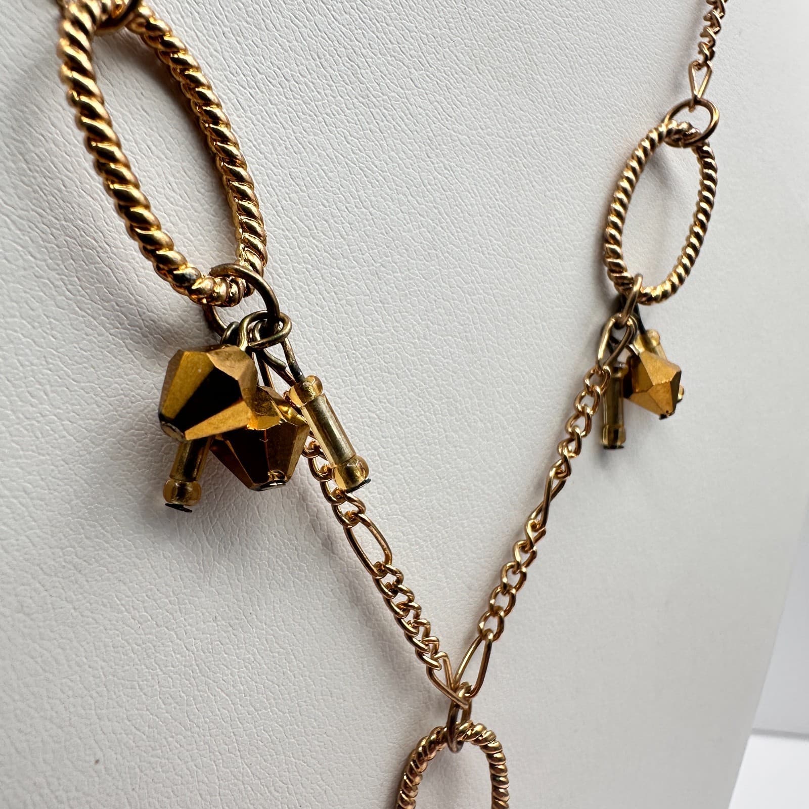 Vintage 90s Amber Citrine Glass Pendant Necklace Gold Tone Beaded Boho Statement - Thumbnail 9