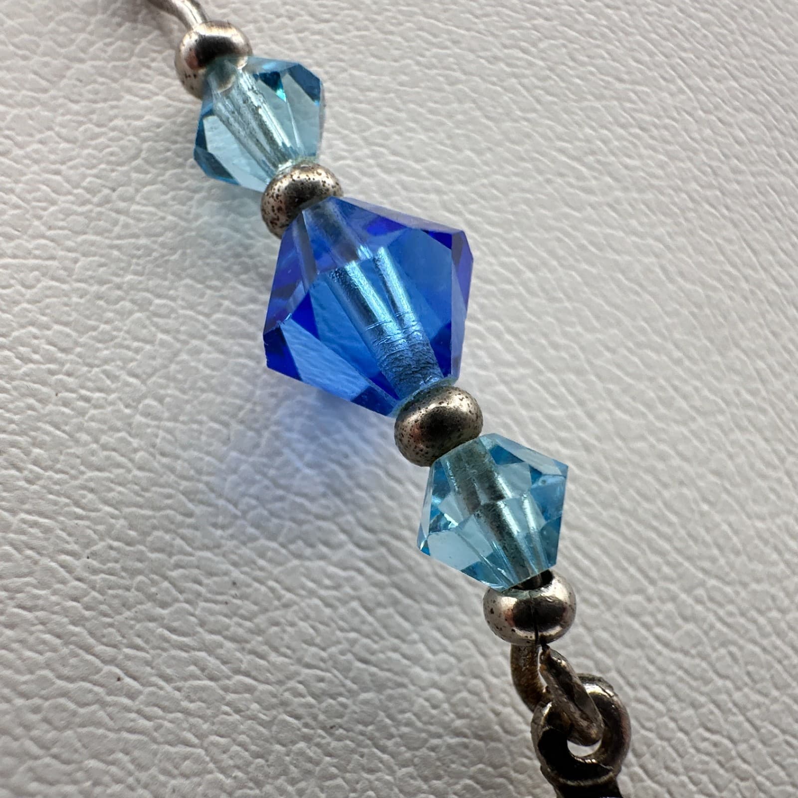 Vintage 90s Dolphin Pendant Necklace Silver Tone Blue Crystal Beaded Ocean Boho - Thumbnail 4