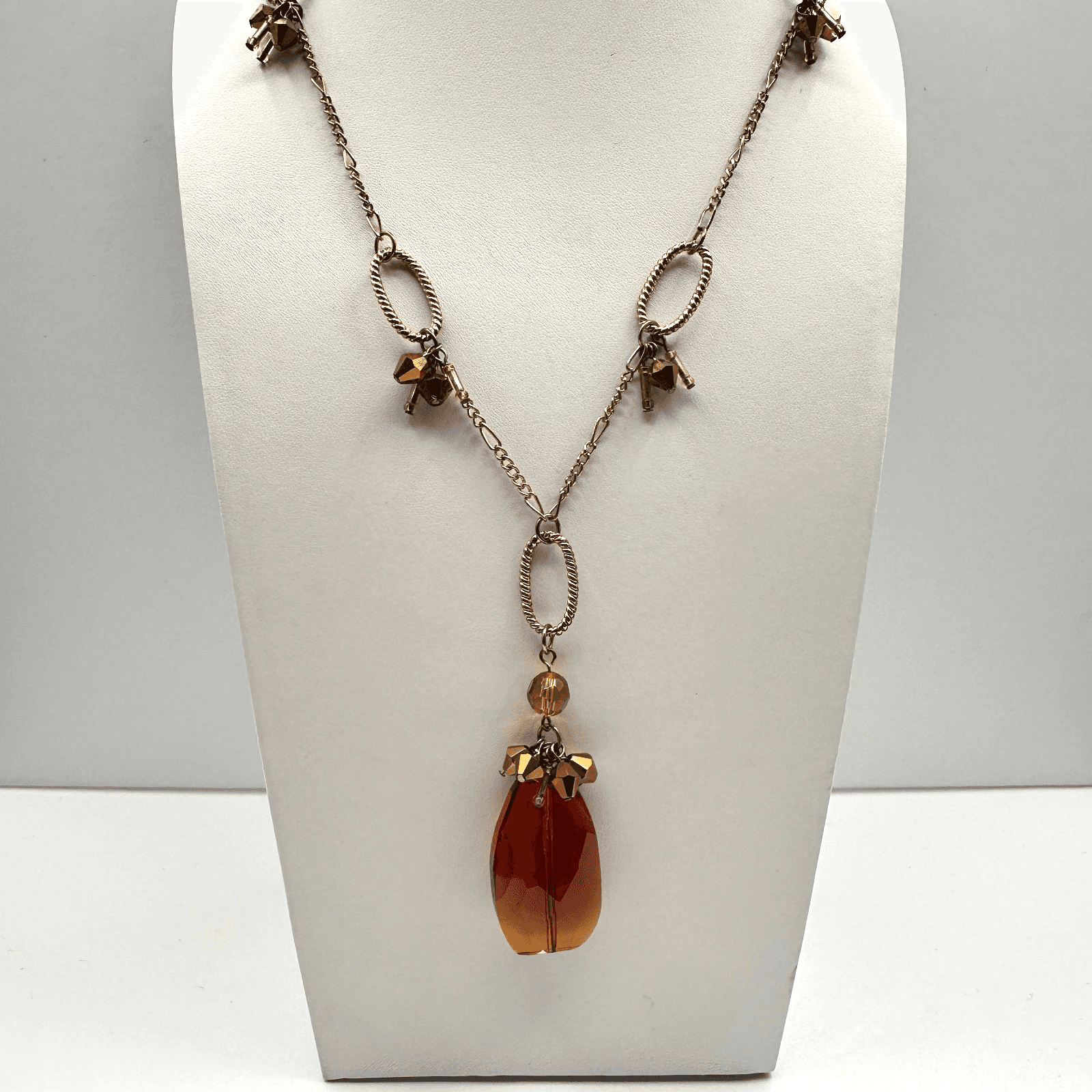 Vintage 90s Amber Citrine Glass Pendant Necklace Gold Tone Beaded Boho Statement - Image 1