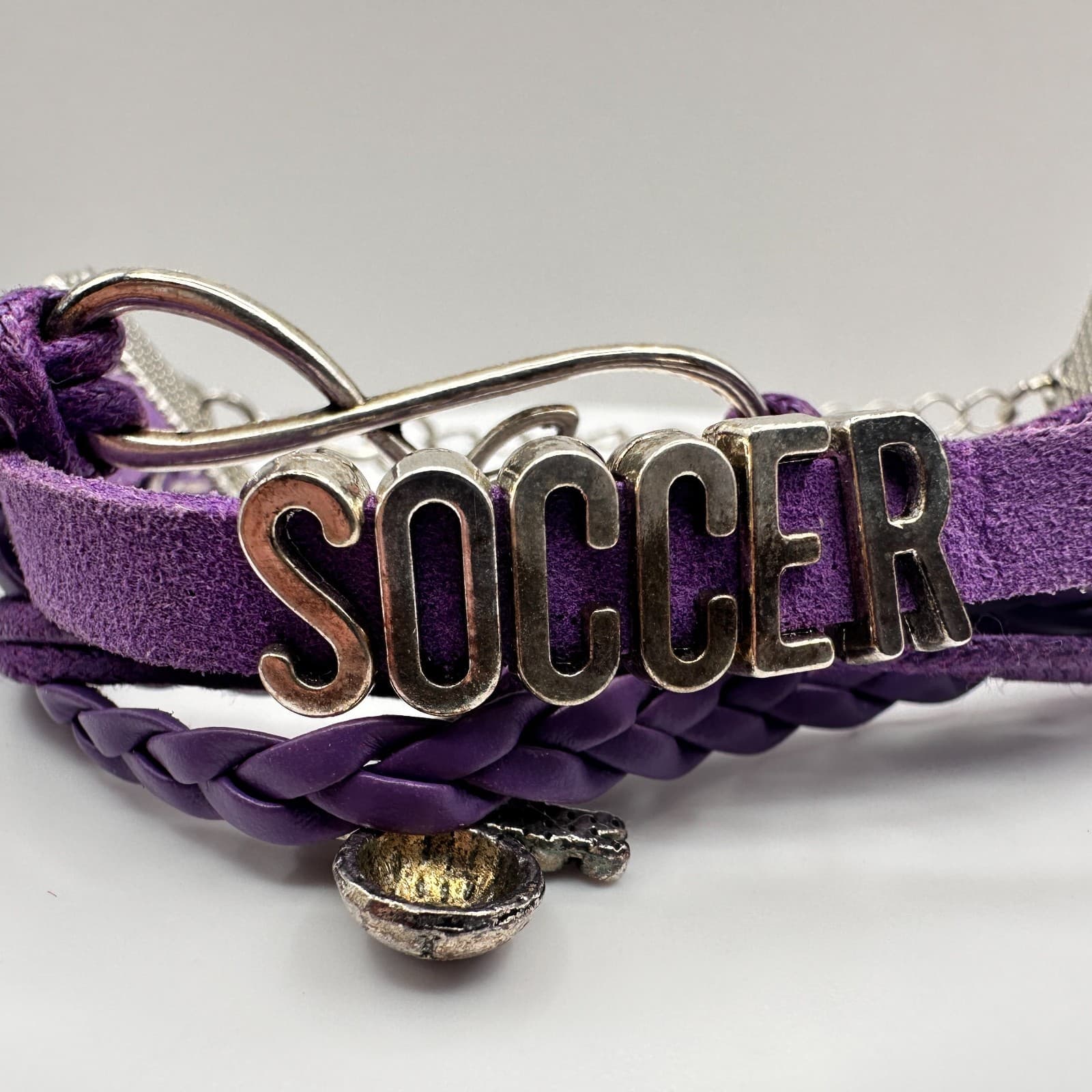 Vintage 90s Purple Leather Soccer Bracelet Infinity Love Sports Charm Adjustable - Thumbnail 2