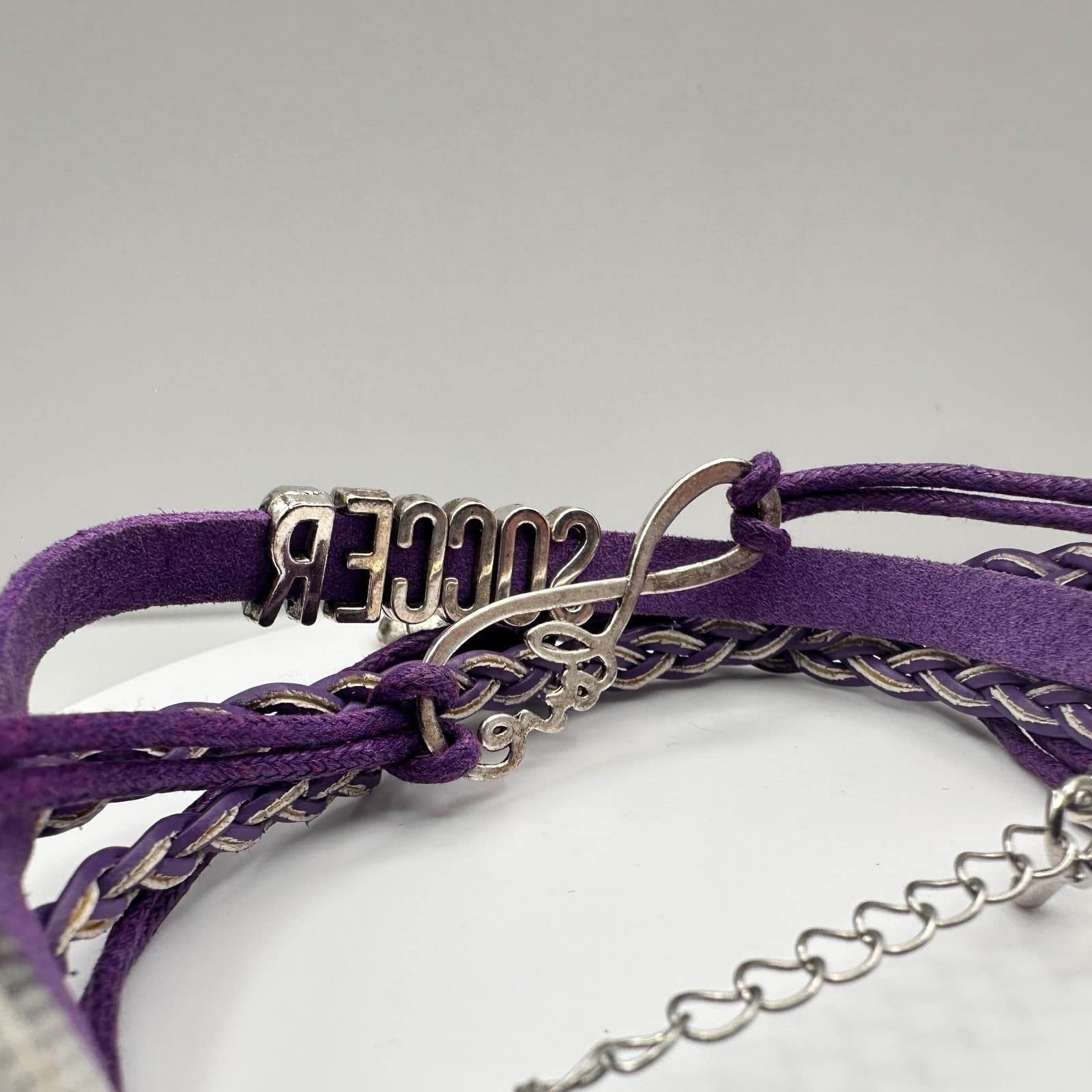 Vintage 90s Purple Leather Soccer Bracelet Infinity Love Sports Charm Adjustable - Thumbnail 9