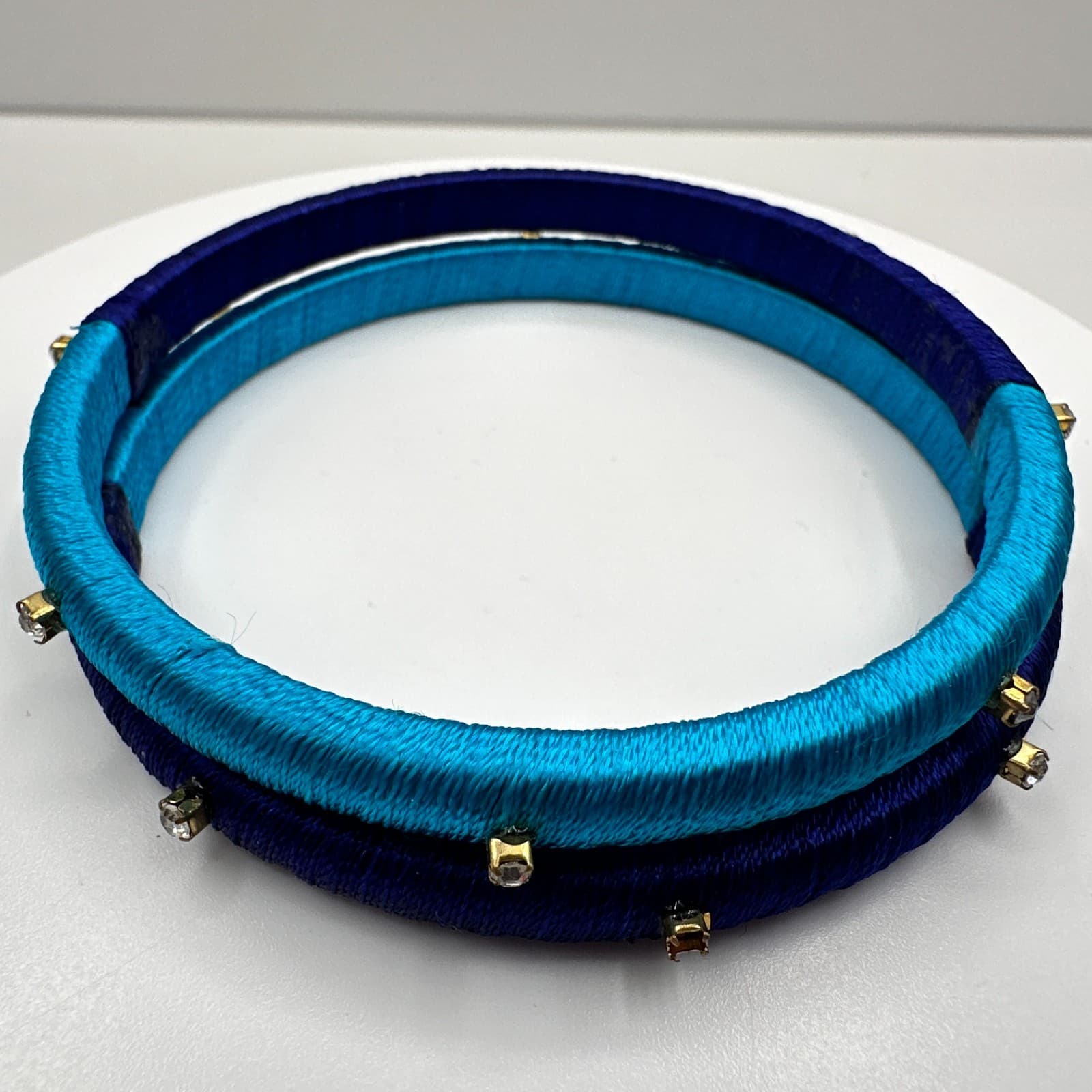 Vintage 90s Silk Thread Bracelets Set Blue Clear Rhinestone Women's Jewelry - Image 1