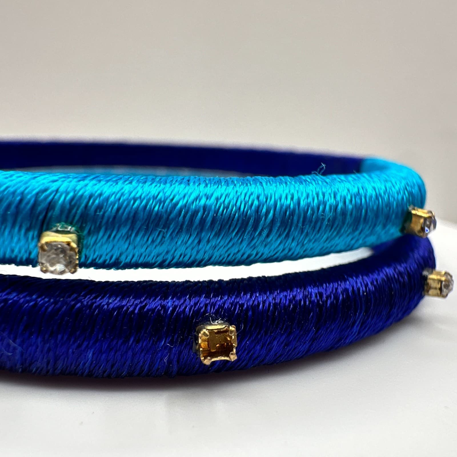 Vintage 90s Silk Thread Bracelets Set Blue Clear Rhinestone Women's Jewelry - Thumbnail 4