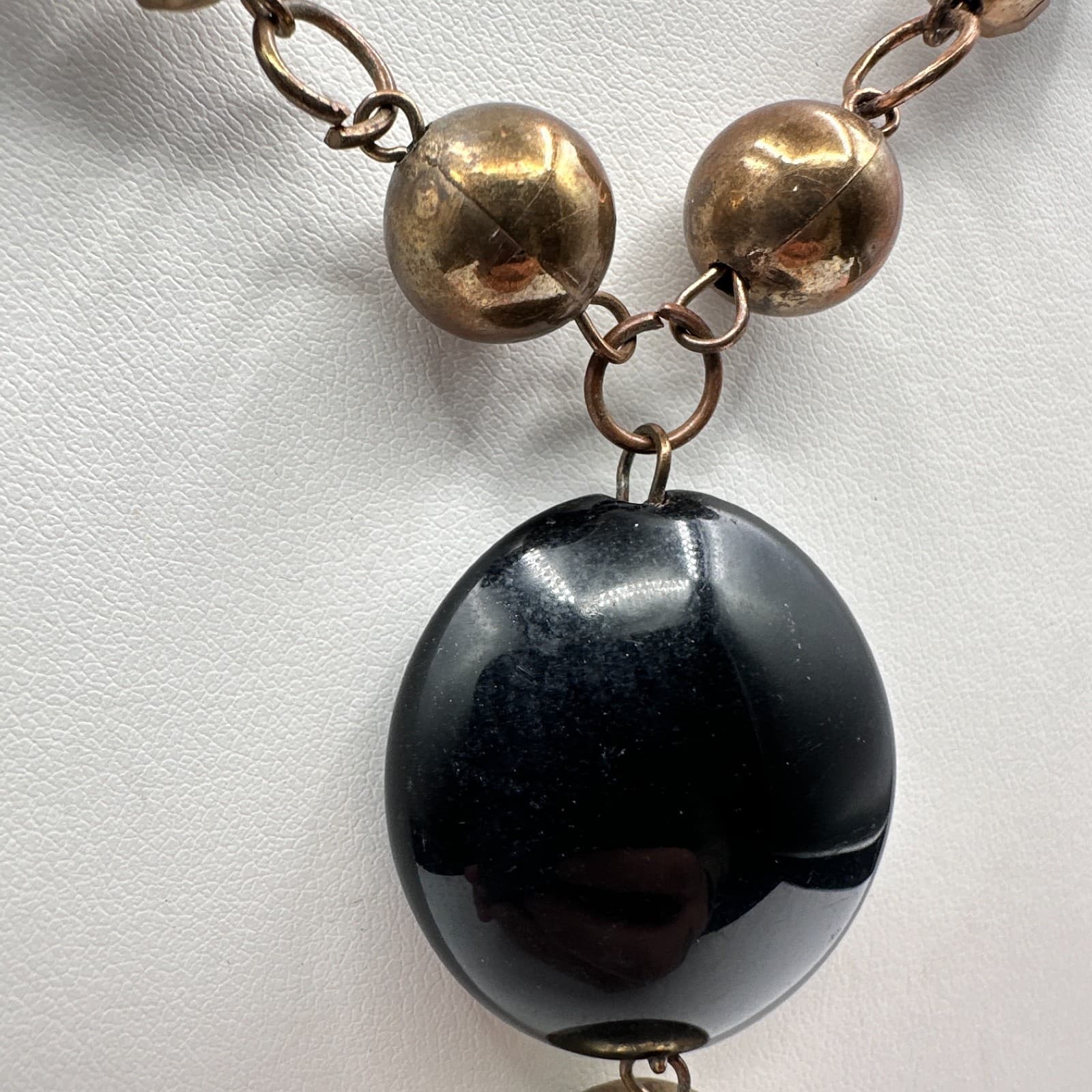 Vintage Y2K Statement Tassel Necklace Black Onyx Beads Bronze Gold Tone Jewelry - Thumbnail 5