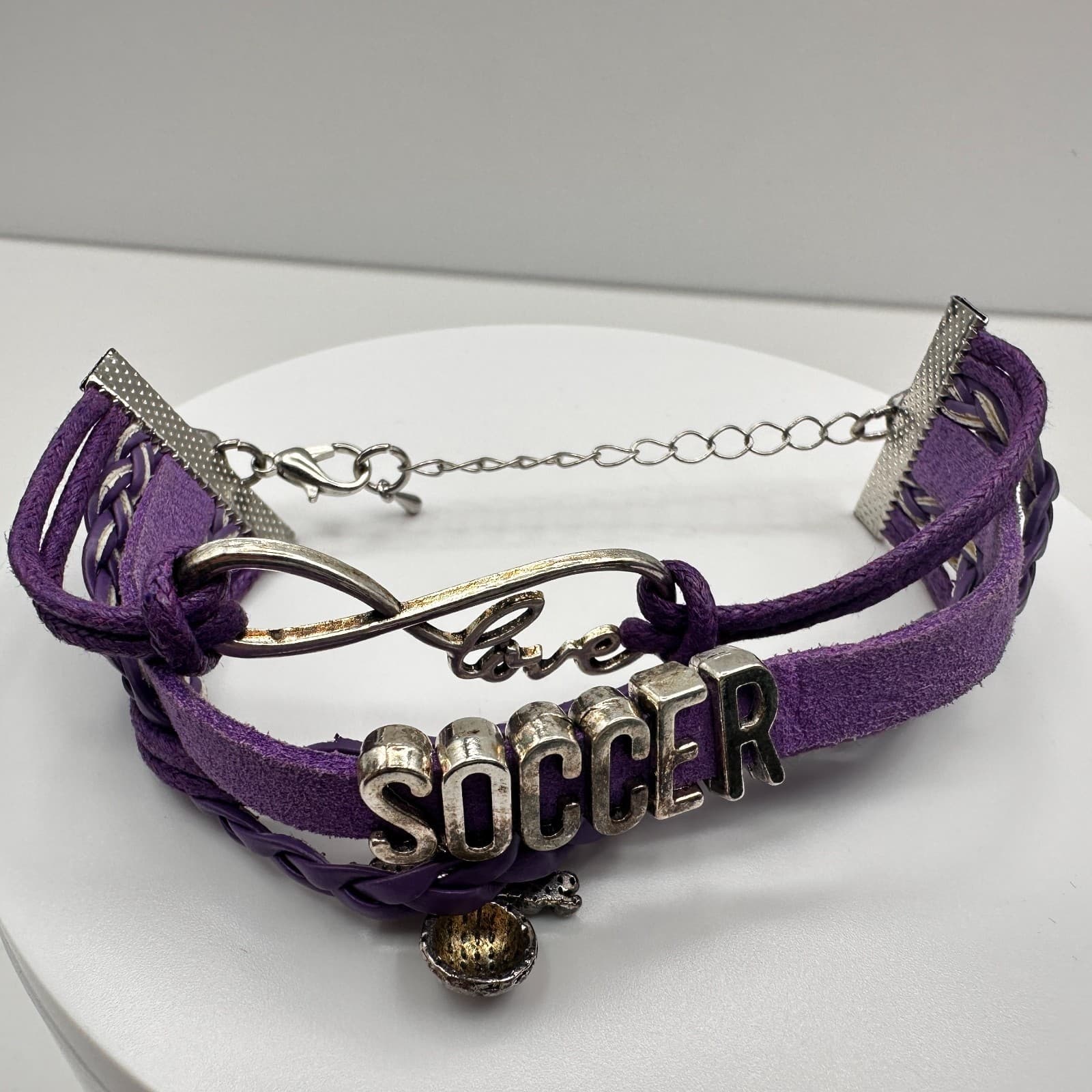 Vintage 90s Purple Leather Soccer Bracelet Infinity Love Sports Charm Adjustable - Thumbnail 3