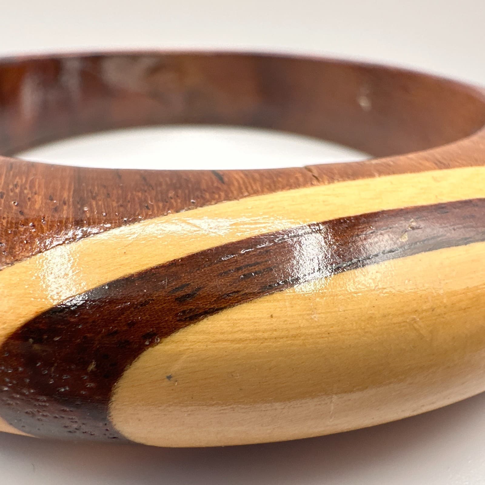 Vintage 90s Wooden Bracelet Chunky Inlaid Striped Boho Statement Women's Jewelry - Thumbnail 4