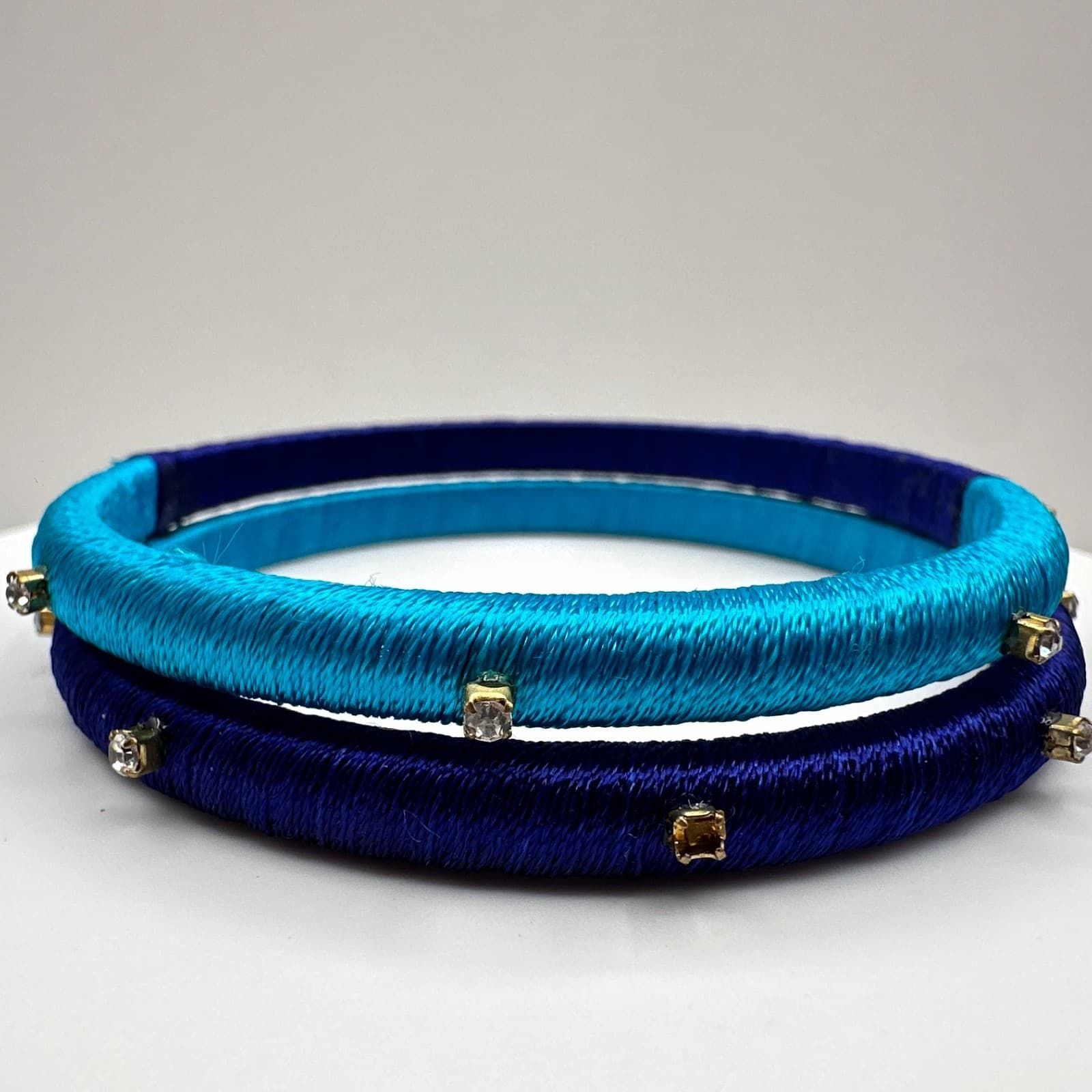 Vintage 90s Silk Thread Bracelets Set Blue Clear Rhinestone Women's Jewelry - Thumbnail 2