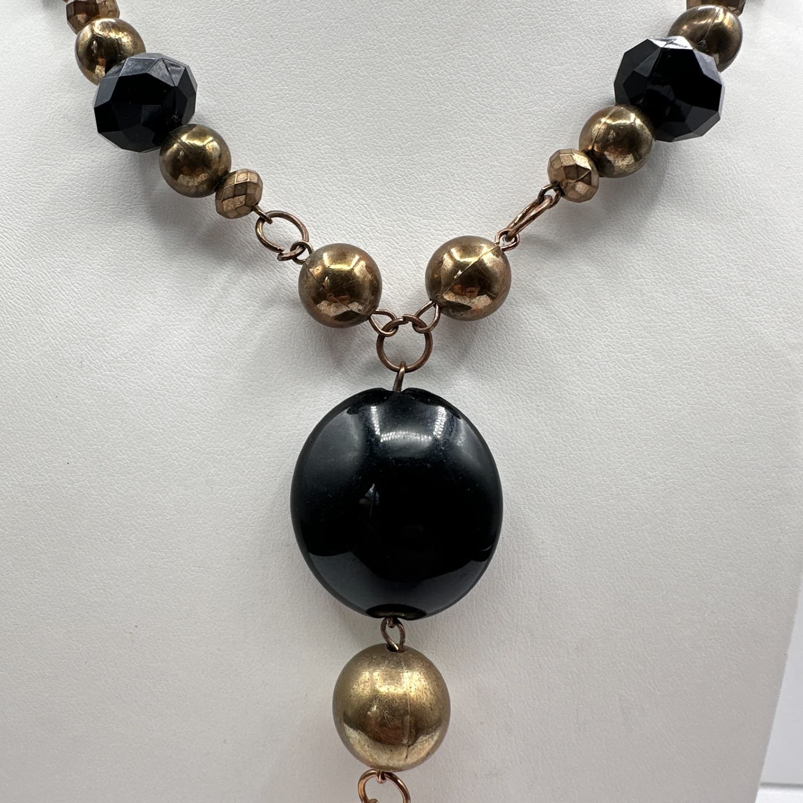 Vintage Y2K Statement Tassel Necklace Black Onyx Beads Bronze Gold Tone Jewelry - Thumbnail 4