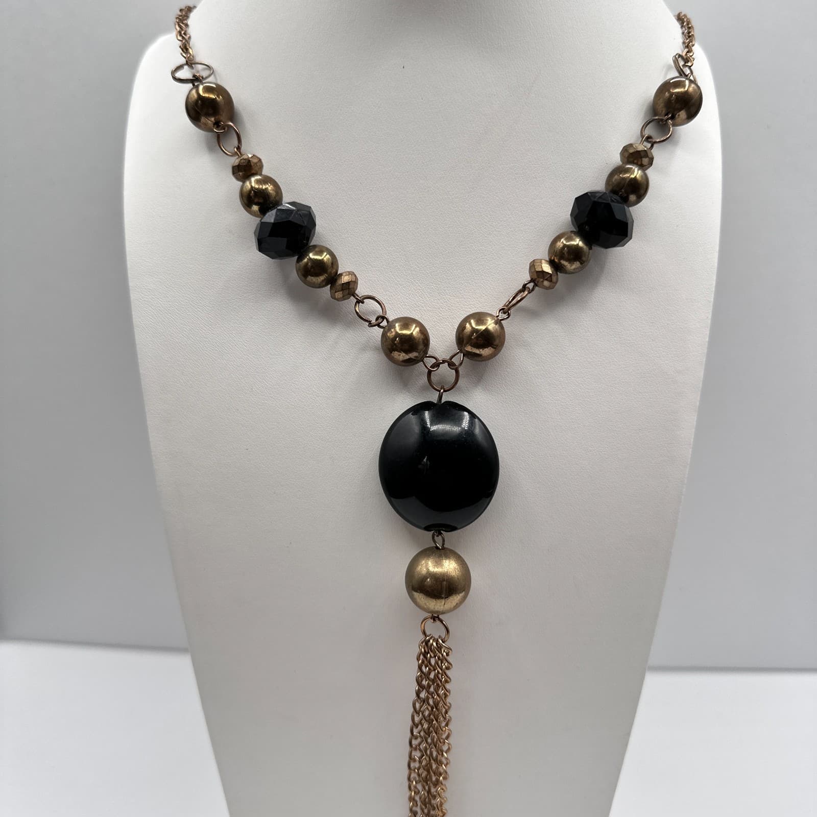 Vintage Y2K Statement Tassel Necklace Black Onyx Beads Bronze Gold Tone Jewelry - Thumbnail 2