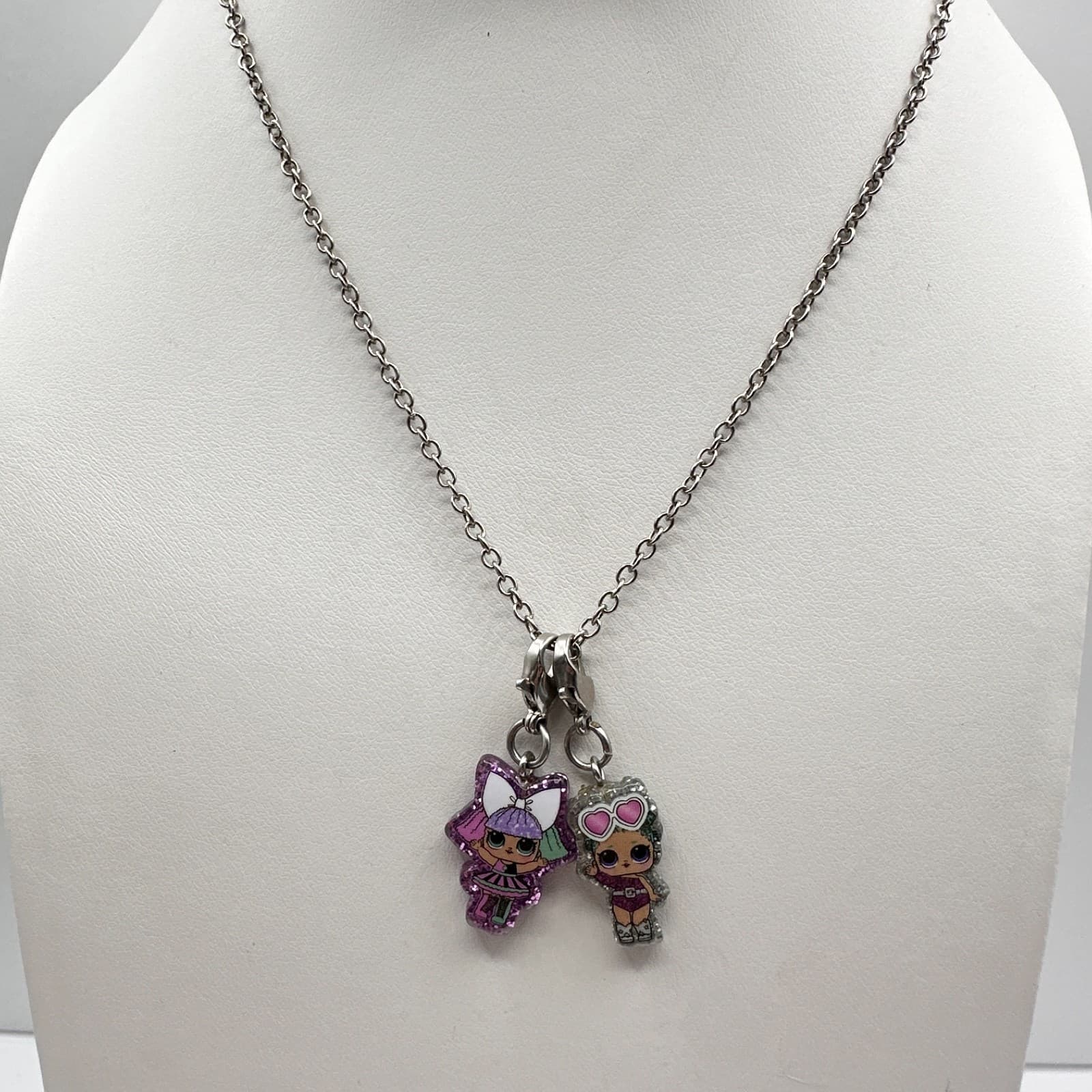 Vintage Y2K Doll Charm Pendent Necklace Silver Tone Glitter Women's Jewelry - Image 1