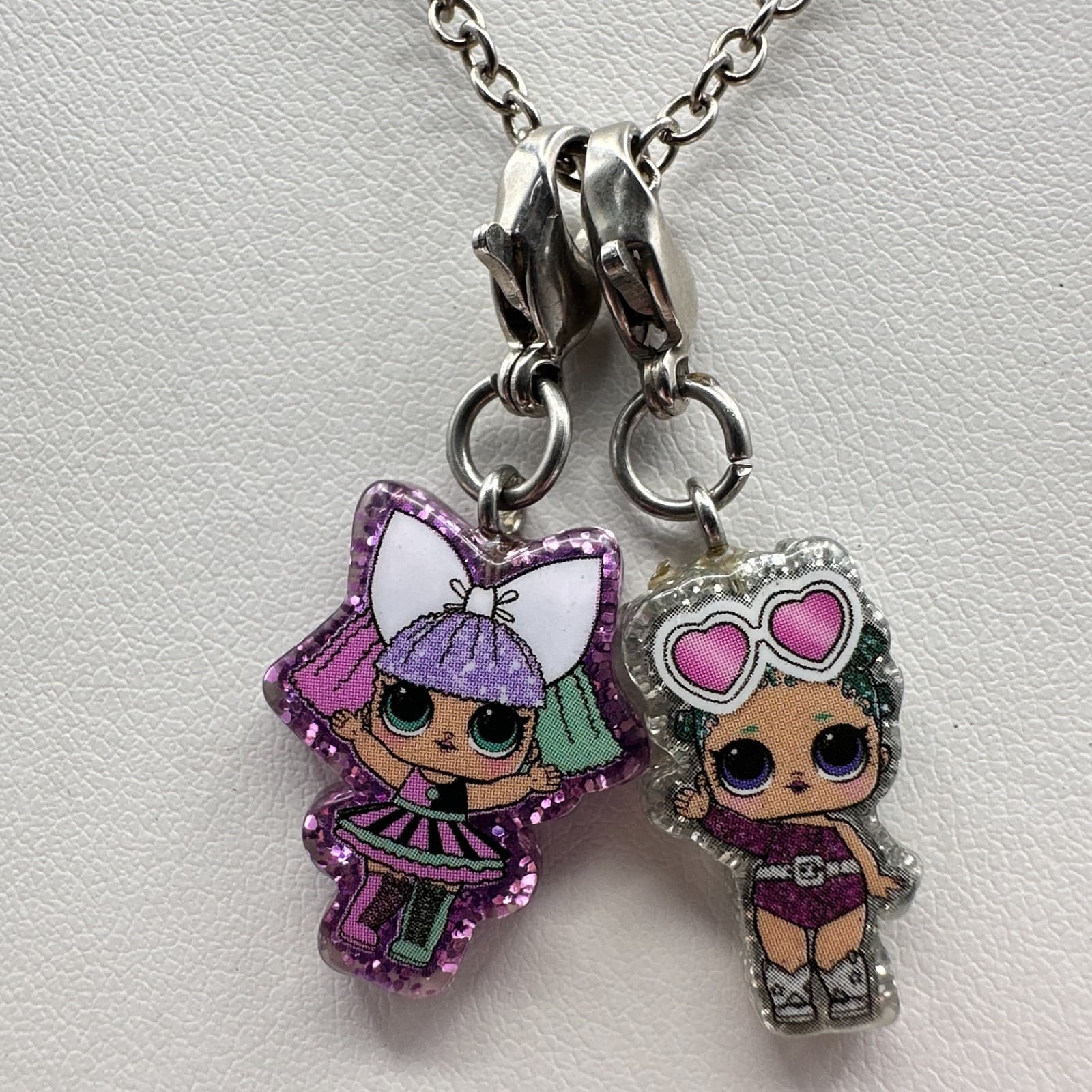 Vintage Y2K Doll Charm Pendent Necklace Silver Tone Glitter Women's Jewelry - Thumbnail 2