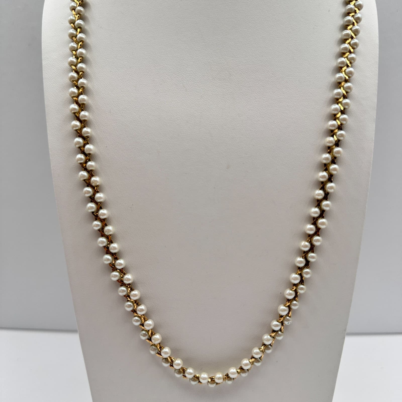 Vintage 90s Faux Pearl Beaded Gold Tone Chain Necklace Women's Classic Jewelry - Thumbnail 5