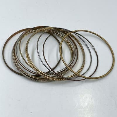 Vintage Mixed Metal Bangle Bracelet Set 10pc Gold Silver Copper Textured Stack - Image 1
