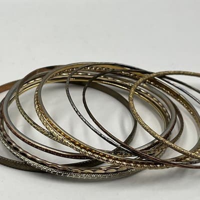Vintage Mixed Metal Bangle Bracelet Set 10pc Gold Silver Copper Textured Stack - Thumbnail 2