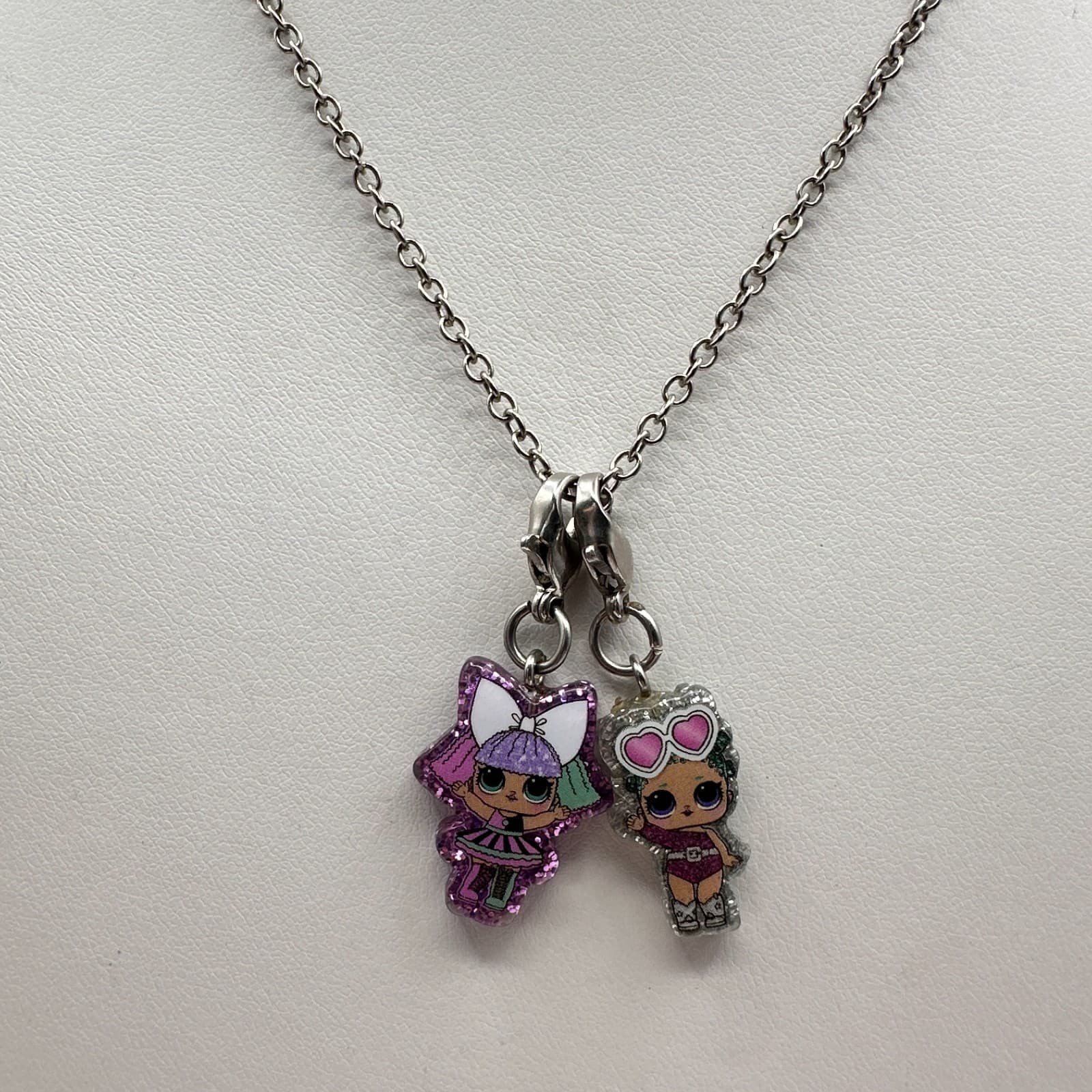 Vintage Y2K Doll Charm Pendent Necklace Silver Tone Glitter Women's Jewelry - Thumbnail 6