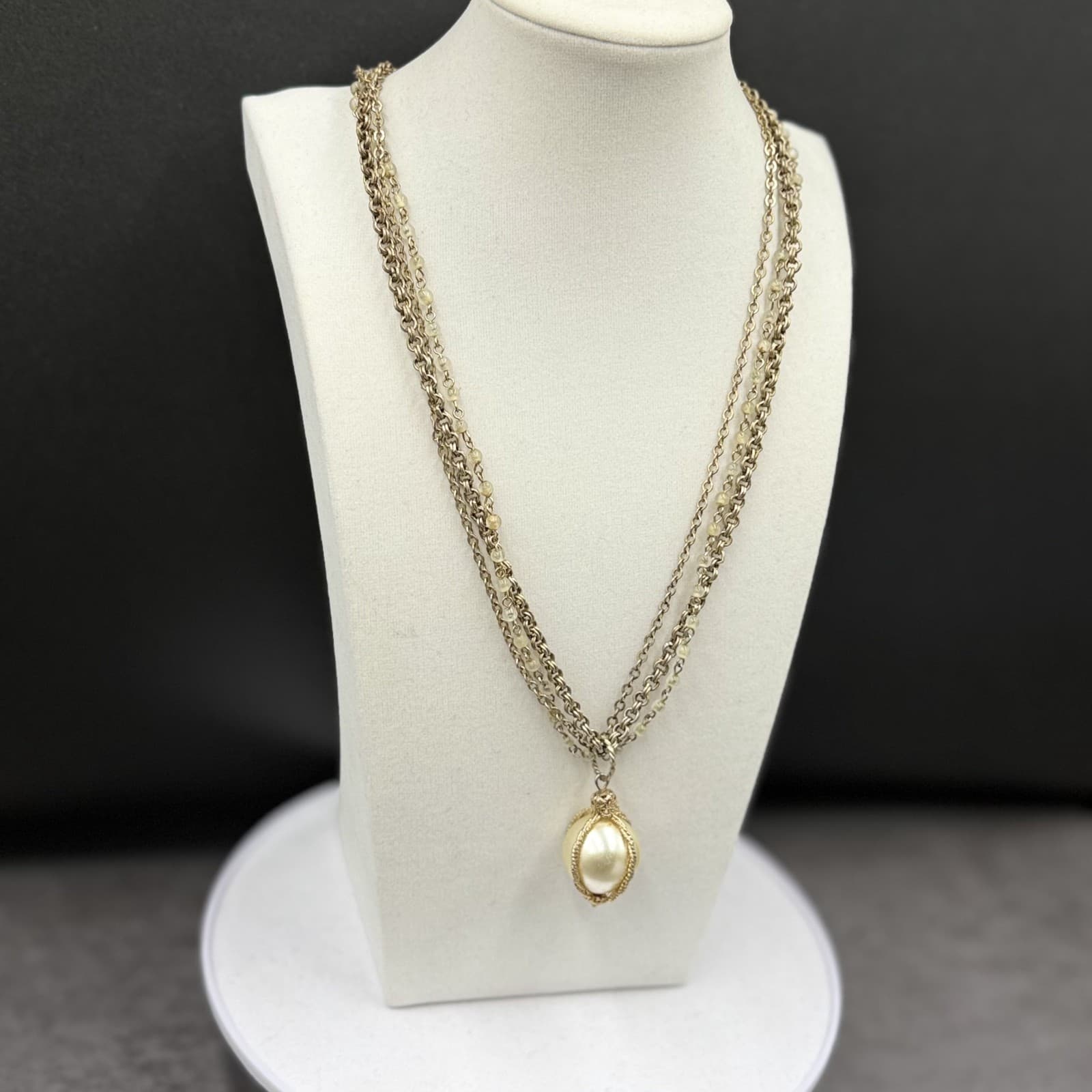 Vintage Gold-Tone Chain Necklace w/ Faux Pearl Drop Layered Statement - Thumbnail 3