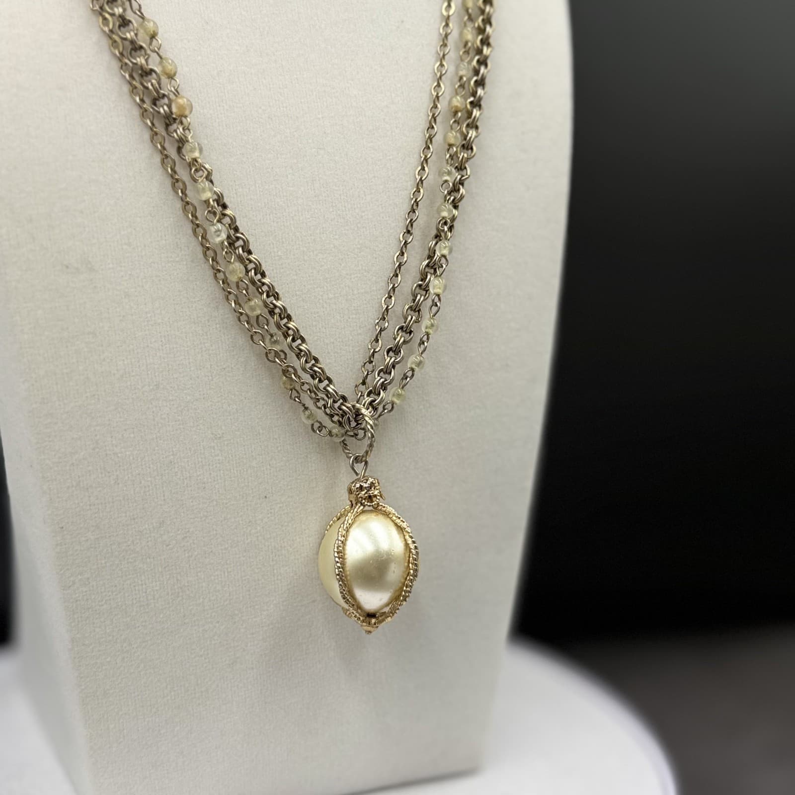 Vintage Gold-Tone Chain Necklace w/ Faux Pearl Drop Layered Statement - Thumbnail 5