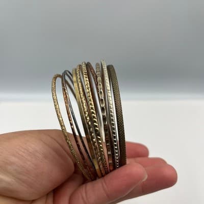 Vintage Mixed Metal Bangle Bracelet Set 10pc Gold Silver Copper Textured Stack - Thumbnail 5