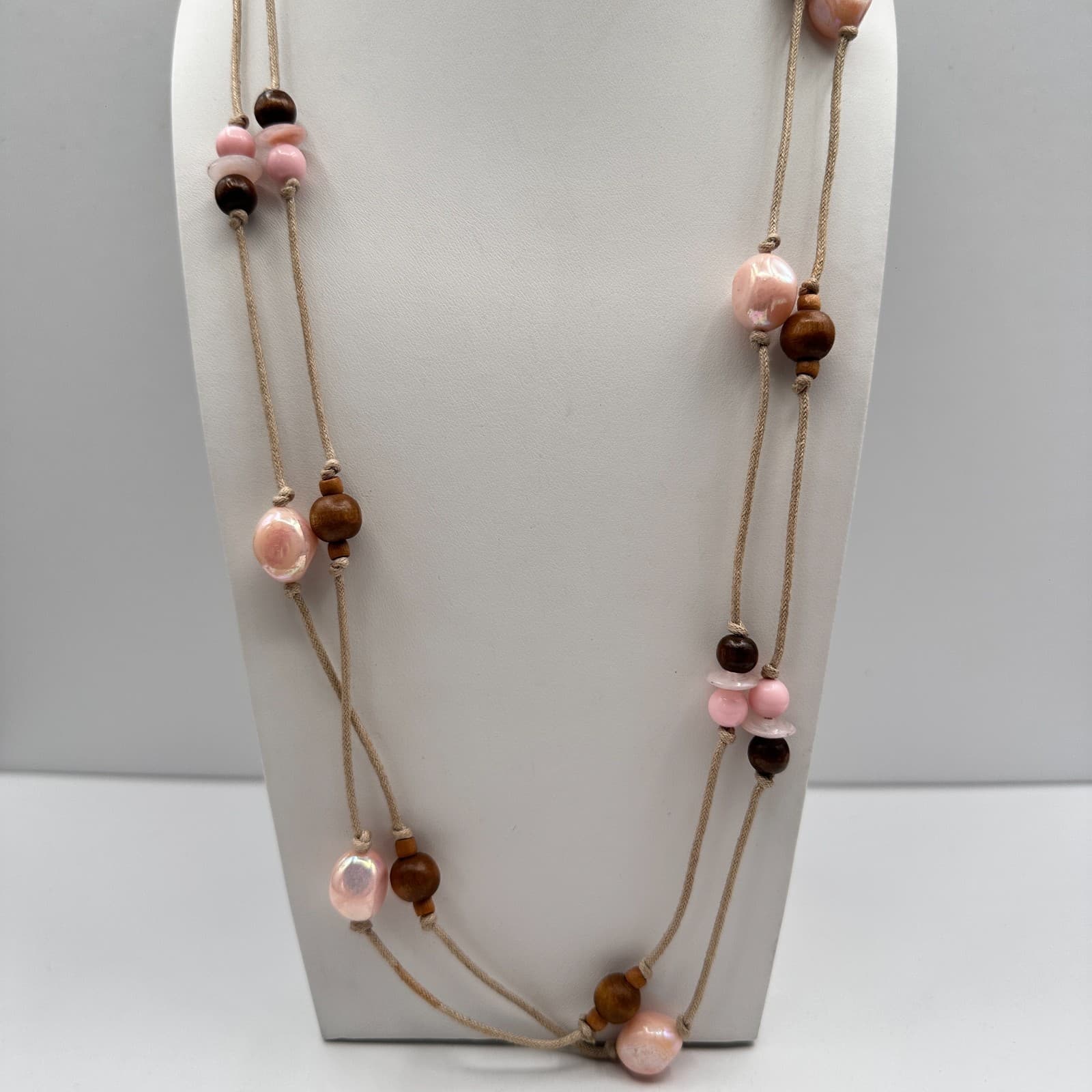 Vintage 90s Boho Pink & Brown Wood Bead Double Strand Cord Necklace Jewelry - Thumbnail 6