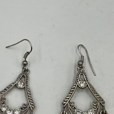 Vintage Silver Tone Rhinestone Tiered Chandelier Teardrop Boho Hook Earrings - Thumbnail 2