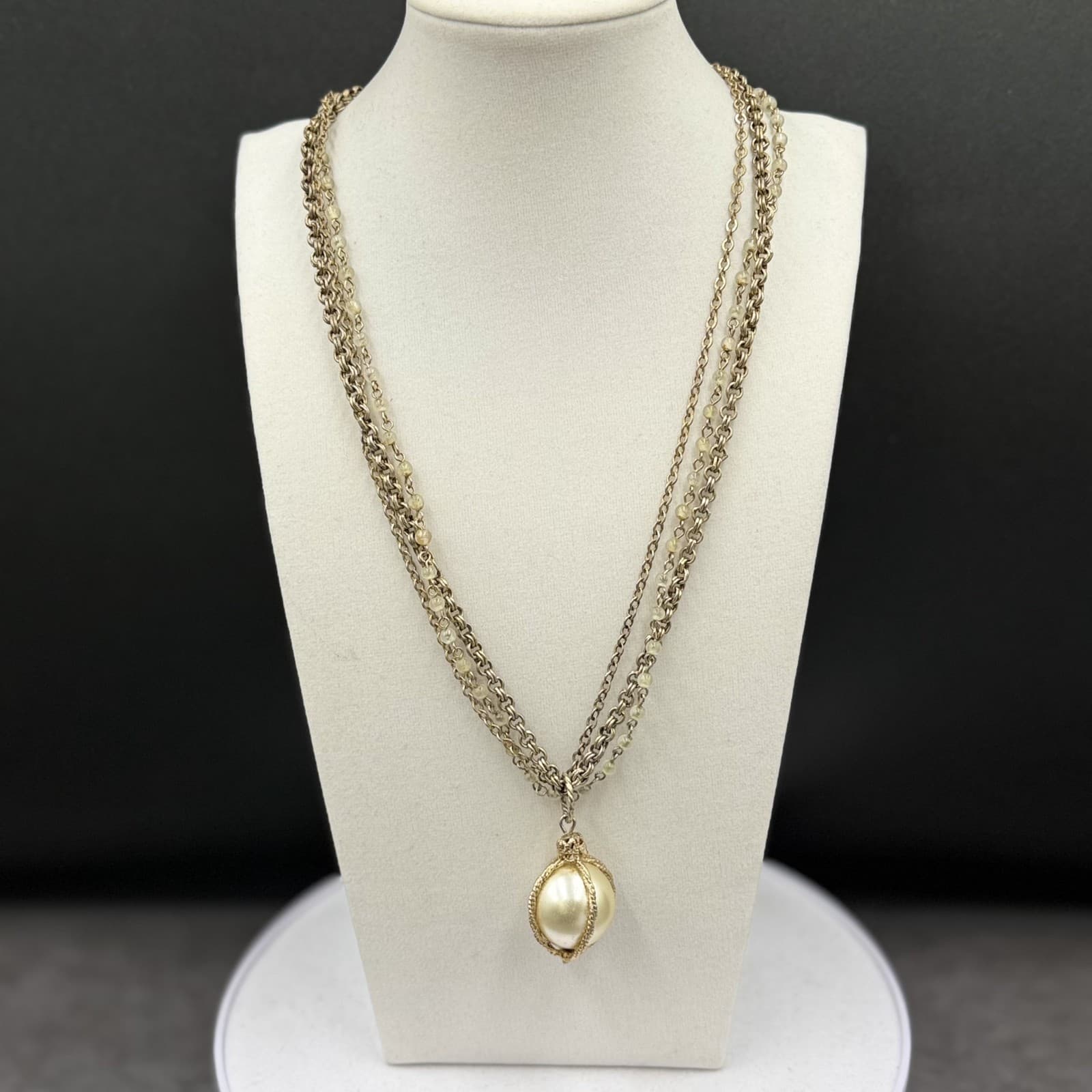 Vintage Gold-Tone Chain Necklace w/ Faux Pearl Drop Layered Statement - Thumbnail 2