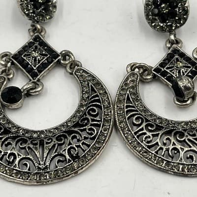 Vintage Boho Silver Tone Chandelier Earrings Black Rhinestone Filigree Crescent - Thumbnail 3