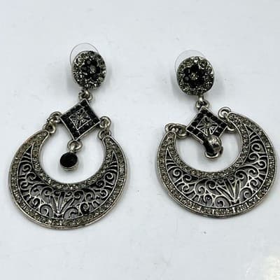 Vintage Boho Silver Tone Chandelier Earrings Black Rhinestone Filigree Crescent - Image 1