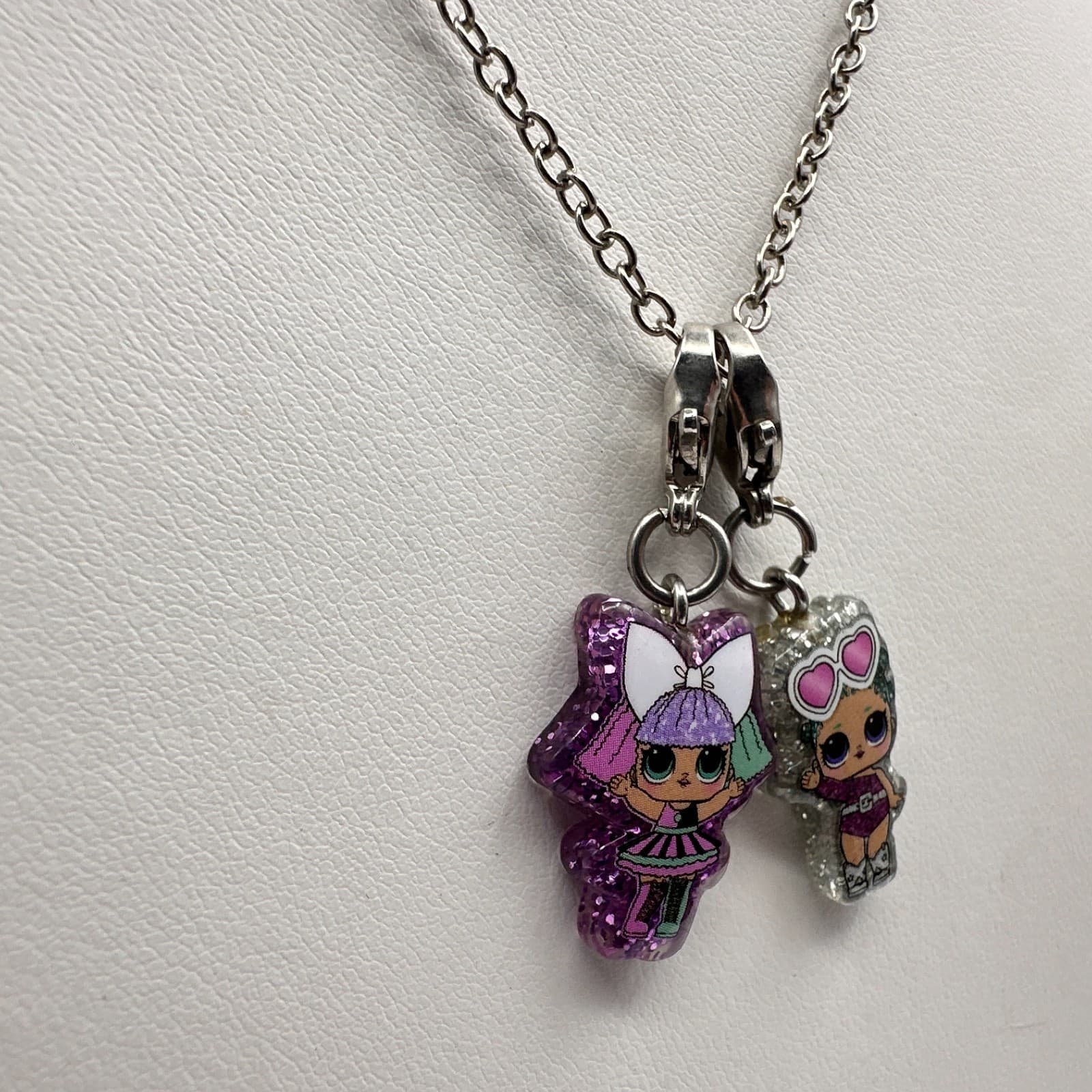 Vintage Y2K Doll Charm Pendent Necklace Silver Tone Glitter Women's Jewelry - Thumbnail 5