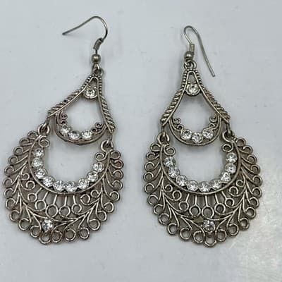 Vintage Silver Tone Rhinestone Tiered Chandelier Teardrop Boho Hook Earrings - Image 1