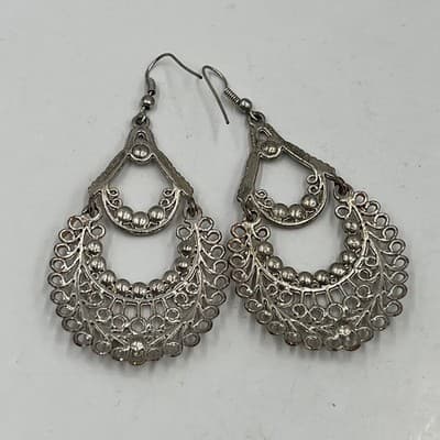 Vintage Silver Tone Rhinestone Tiered Chandelier Teardrop Boho Hook Earrings - Thumbnail 6