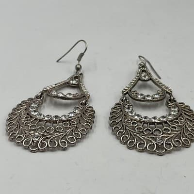 Vintage Silver Tone Rhinestone Tiered Chandelier Teardrop Boho Hook Earrings - Thumbnail 4