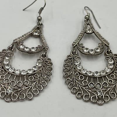 Vintage Silver Tone Rhinestone Tiered Chandelier Teardrop Boho Hook Earrings - Thumbnail 3