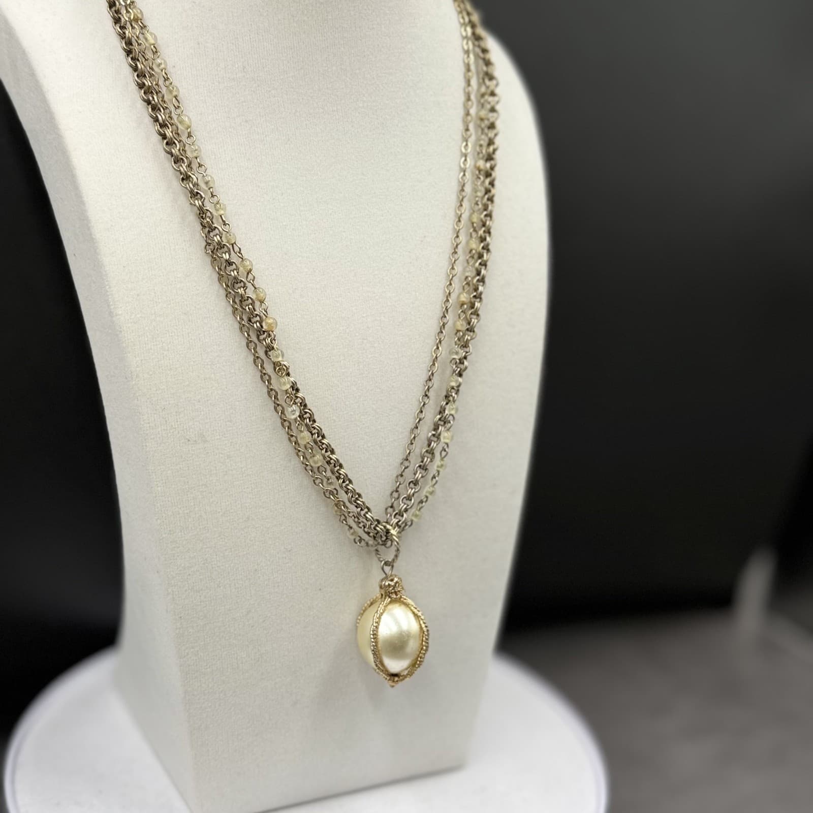 Vintage Gold-Tone Chain Necklace w/ Faux Pearl Drop Layered Statement - Thumbnail 4