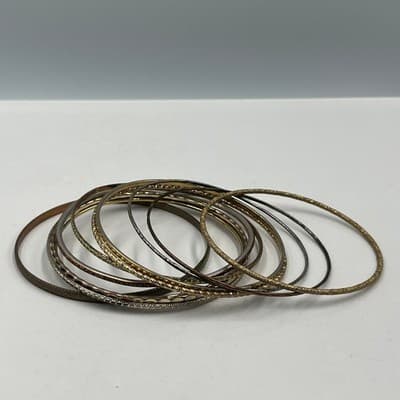 Vintage Mixed Metal Bangle Bracelet Set 10pc Gold Silver Copper Textured Stack - Thumbnail 3