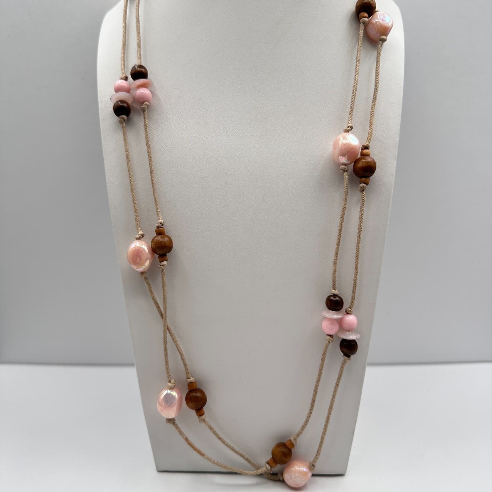 Vintage 90s Boho Pink & Brown Wood Bead Double Strand Cord Necklace Jewelry - Image 1