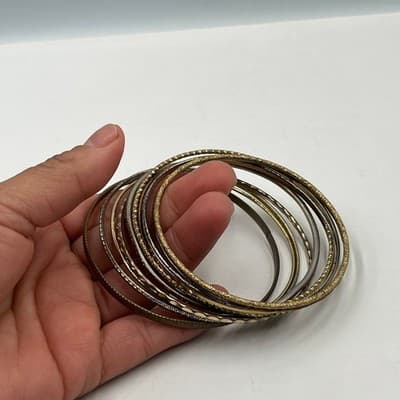 Vintage Mixed Metal Bangle Bracelet Set 10pc Gold Silver Copper Textured Stack - Thumbnail 4