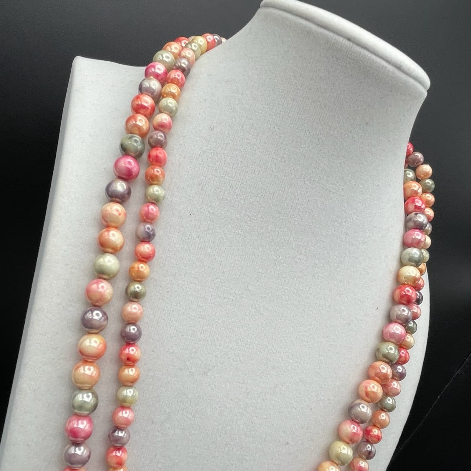 Vintage Vibrant peach pink gray Multi color double strand beaded necklace 21 in - Thumbnail 3