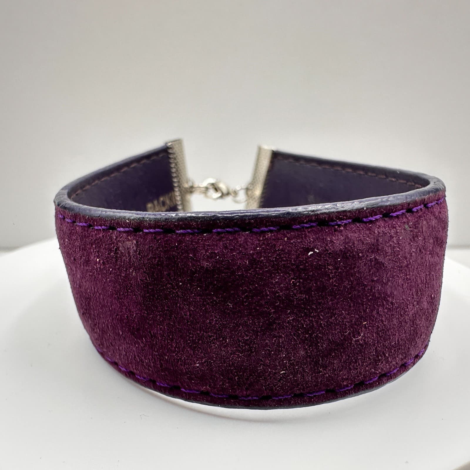 Vintage Y2K Architect Purple Faux Leather Hand Bracelet Silver Tone Wide Band - Image 1