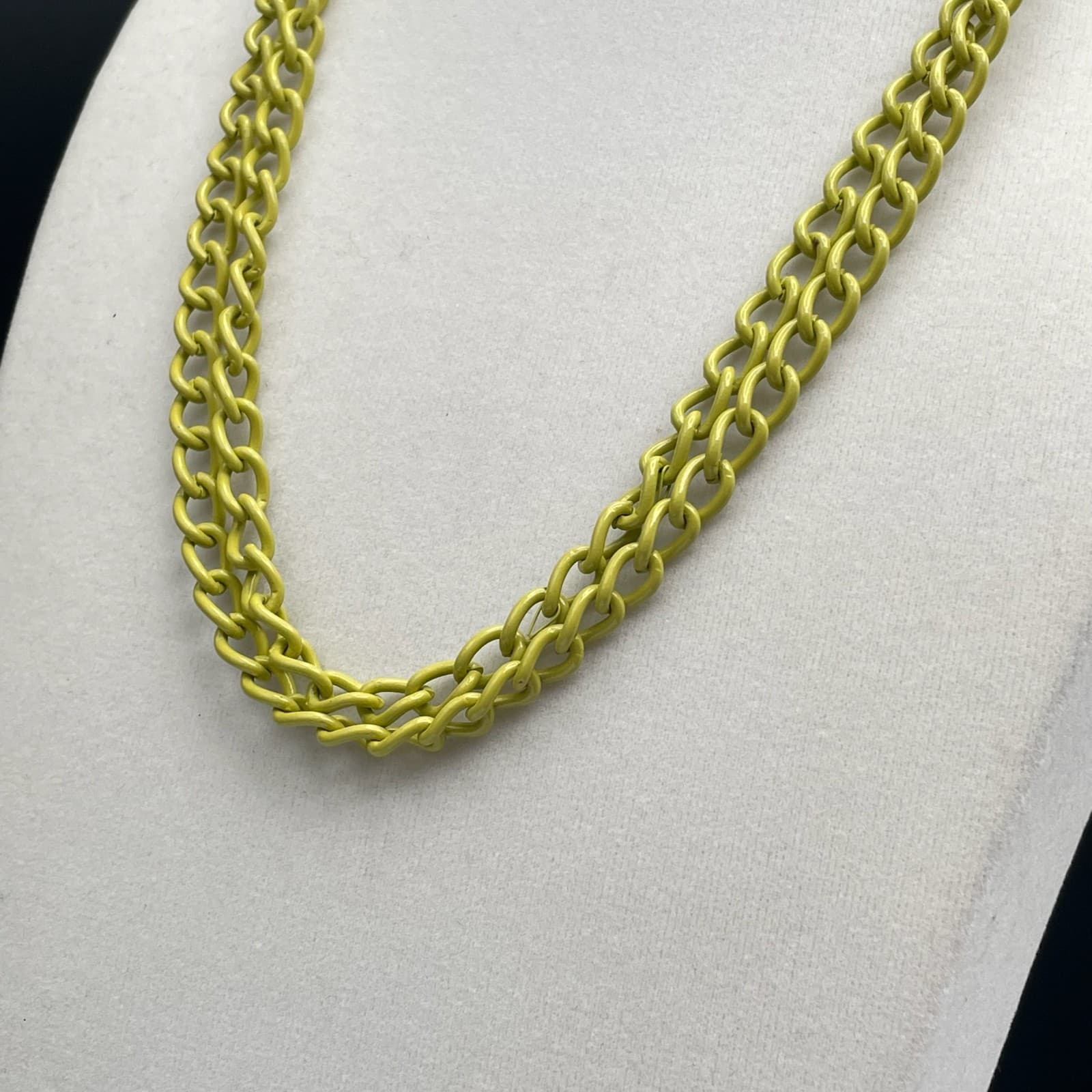 Vintage Double Curb Chain Necklace Neon Yellow Enamel Coated Long Chunky - Thumbnail 9
