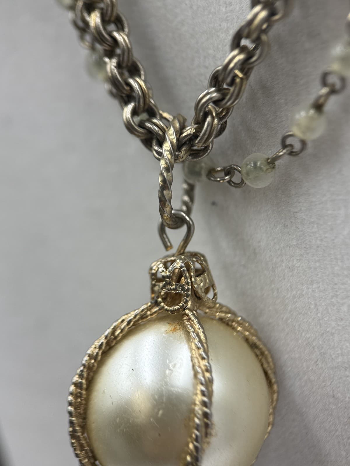 Vintage Gold-Tone Chain Necklace w/ Faux Pearl Drop Layered Statement - Thumbnail 7