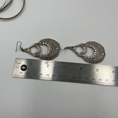 Vintage Silver Tone Rhinestone Tiered Chandelier Teardrop Boho Hook Earrings - Thumbnail 7