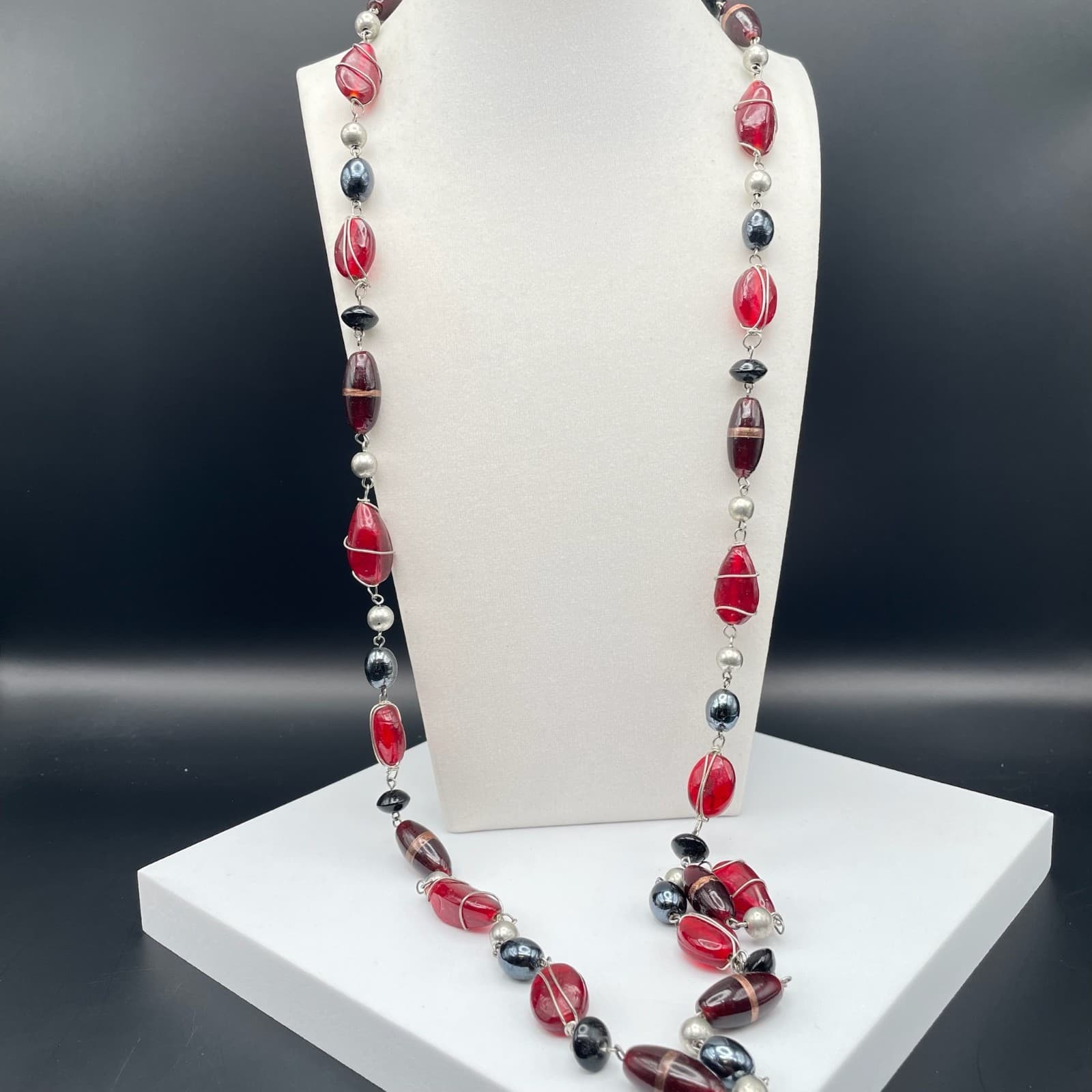 Vintage Fashion jewelry silver-tone wire-wrapped multi-color glass bead necklace - Thumbnail 8